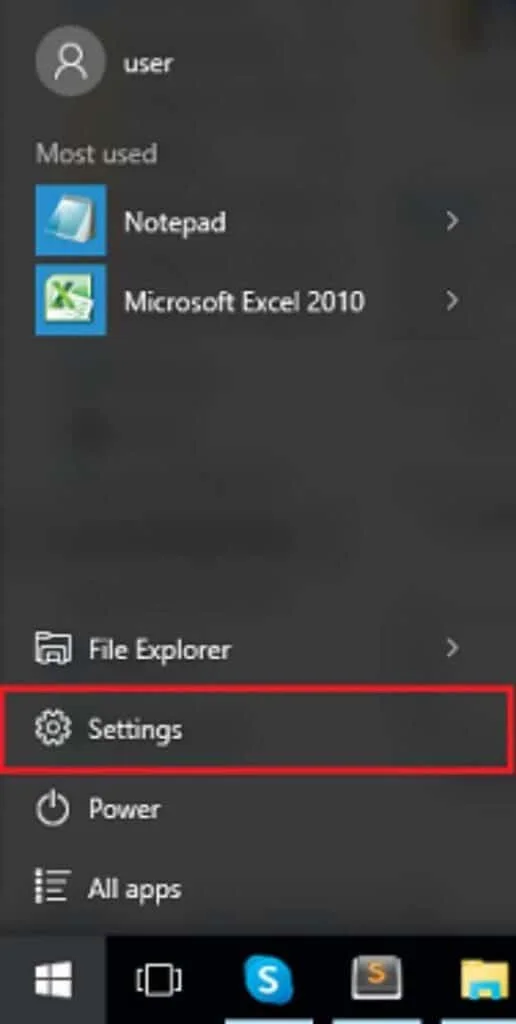 settings option in start menu settings option in start menu