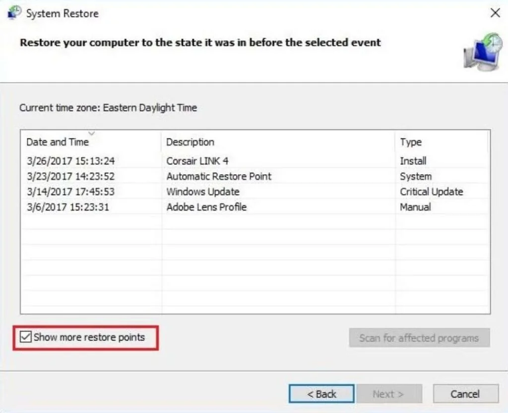 show more restore points show more restore points